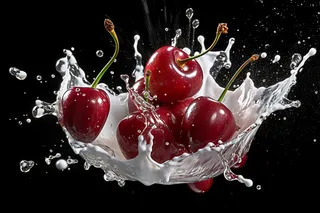 水果牛奶碰撞融合车厘子液体撞击迸射瞬间摄影图
