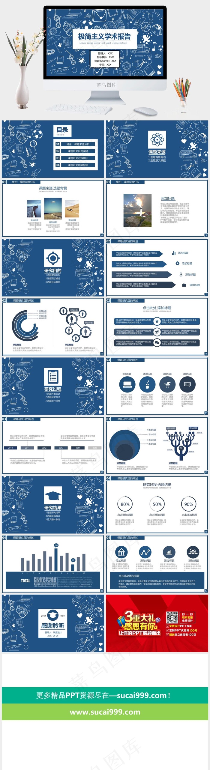 学术报告蓝色卡通风营销PPT模板