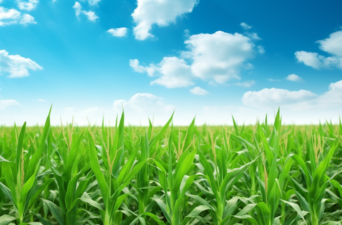 蓝天白云下一大片玉米地摄影图