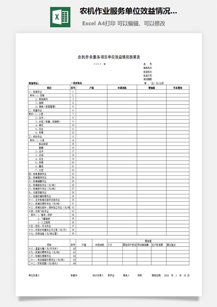 农机作业服务单位效益情况表excel模板