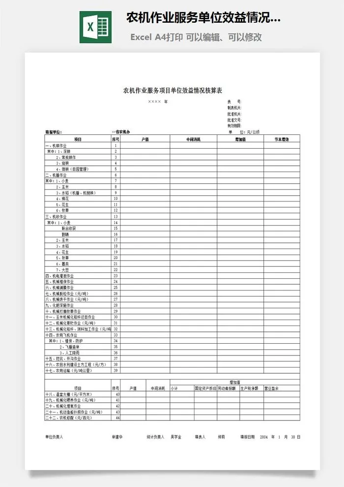 农机作业服务单位效益情况表excel模板