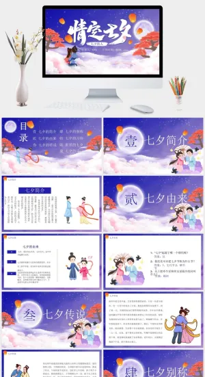 中国风七夕情人节电子相册PPT模板预览图