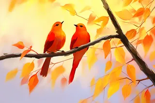 秋天树枝上站着的小鸟金红树叶插画素材背景 