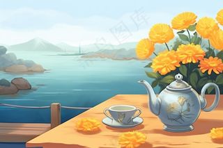 秋季山水赏菊泡茶重阳节插画素材