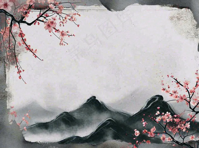 中国风水墨山水画，山脉枝叶花朵手绘插画(1264x944)