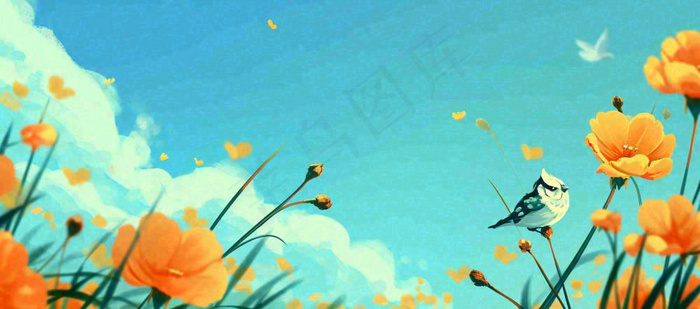 春天清新草地小花蓝天白云，鲜花向阳手绘插画