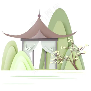 中国风 复古烟 青色 清新山水 剪纸元素 景色 PNG 免抠 素材