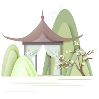 中国风 复古烟 青色 清新山水 剪纸元素 景色 PNG 免抠 素材