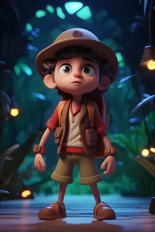 森林探险旅行男孩夜晚3D卡通背景