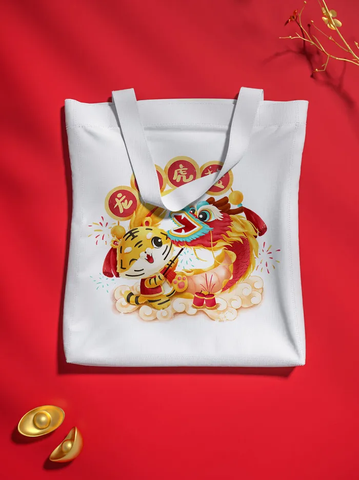 白色布手提袋红色场景样机psd模版下载