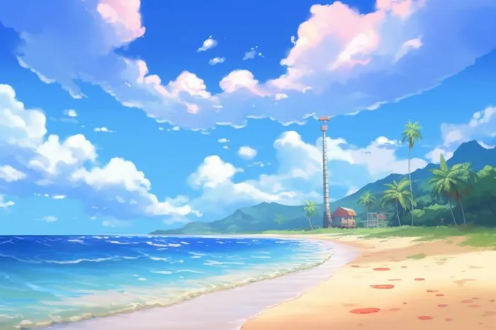 夏日阳光沙滩海浪蓝色插画背景(1344x896)