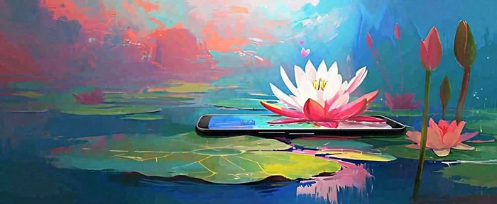 夏季池塘荷花荷叶盛开油画，小暑大暑夏至(1712x704)