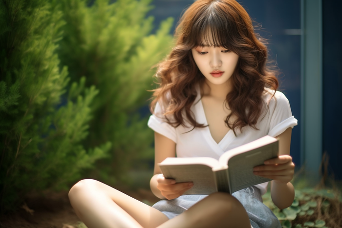 一位女生坐着家门口看书摄影图(4032x2688)