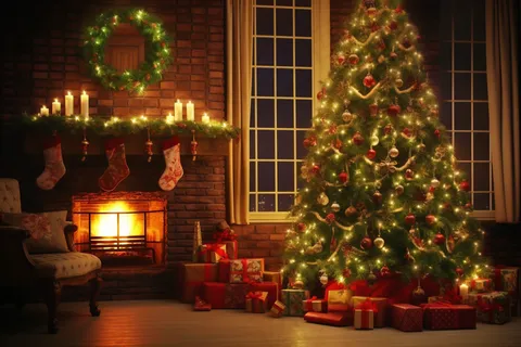 圣诞节室内装饰圣诞树壁炉礼物摄影图