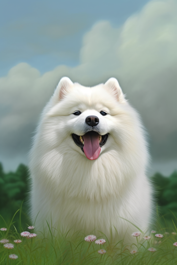白色萨摩耶宠物狗在草坪花丛玩耍开心摄影图(2688x4032)