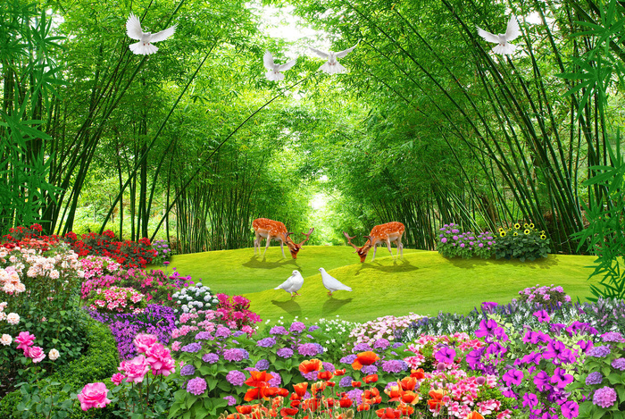 竹林鸽子双鹿花卉背景