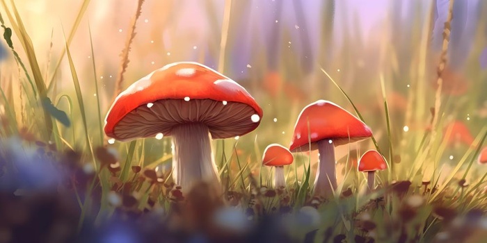 春天草丛蘑菇森林手绘插画海报素材背景(6144x3072)