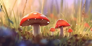 春天草丛蘑菇森林手绘插画海报素材背景