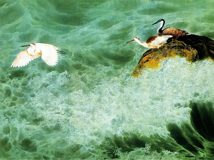海浪风景仙鹤工笔画