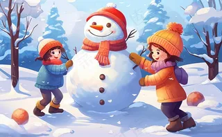 冬季下雪堆雪人孩子们儿童卡通插画背景