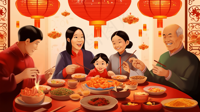 团圆饭年夜饭一家人过节卡通插画素材(x)