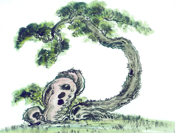 水墨画之怪石与古松