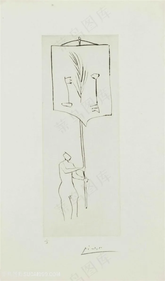 毕加索线描举旗装饰画