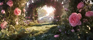 阳光明媚的花园草地上的粉红玫瑰，采用 ferrania p30 风格，童话风格，充满活力的舞台背景，郁郁葱葱的细节，梦幻般的象征主义