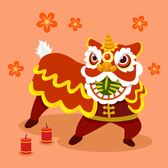 新年虎年舞狮插画 