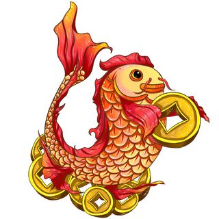 手绘国潮古风喜庆铜钱锦鲤鱼金鱼荷花插画场景装饰PSD设计素