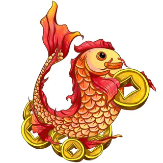 手绘国潮古风喜庆铜钱锦鲤鱼金鱼荷花插画场景装饰PSD设计素