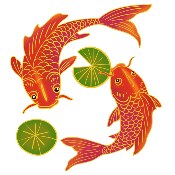 手绘国潮古风喜庆铜钱锦鲤鱼金鱼荷花插画场景装饰PSD设计素psd模版下载