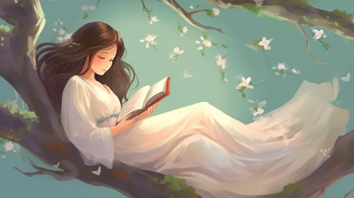 少女女孩穿着白色裙子躺着树干看书树枝盛开的花朵卡通插画(x)