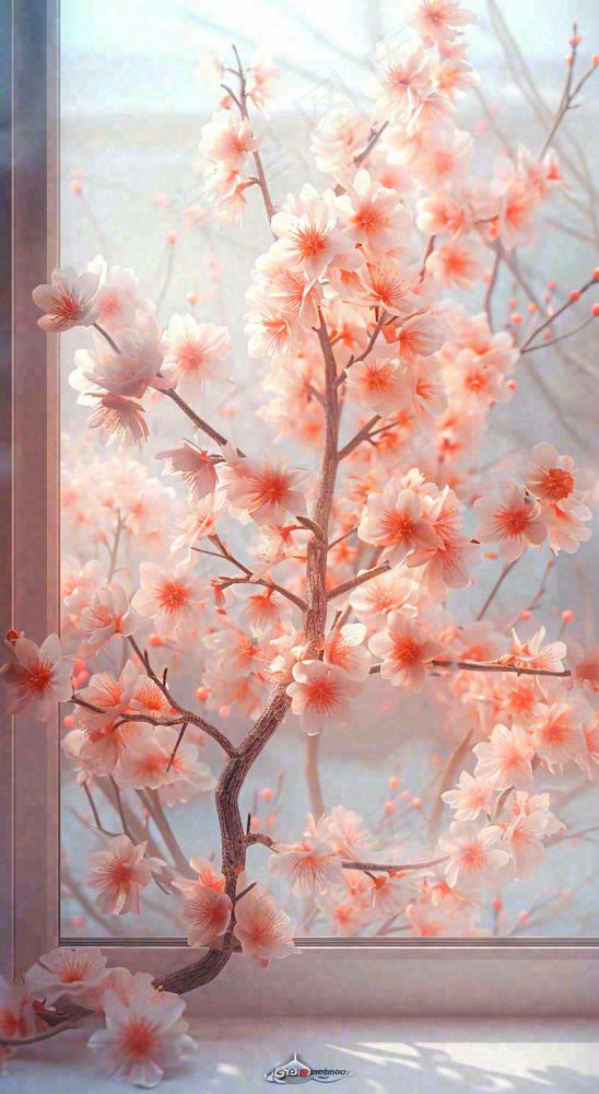 春天窗台粉色渐变鲜花，枝叶，春节立春(816x1488)