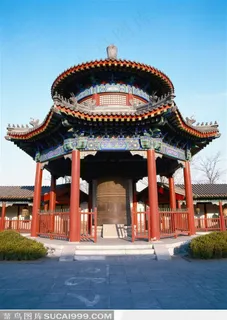 中式传统红柱绿瓦凉亭图片