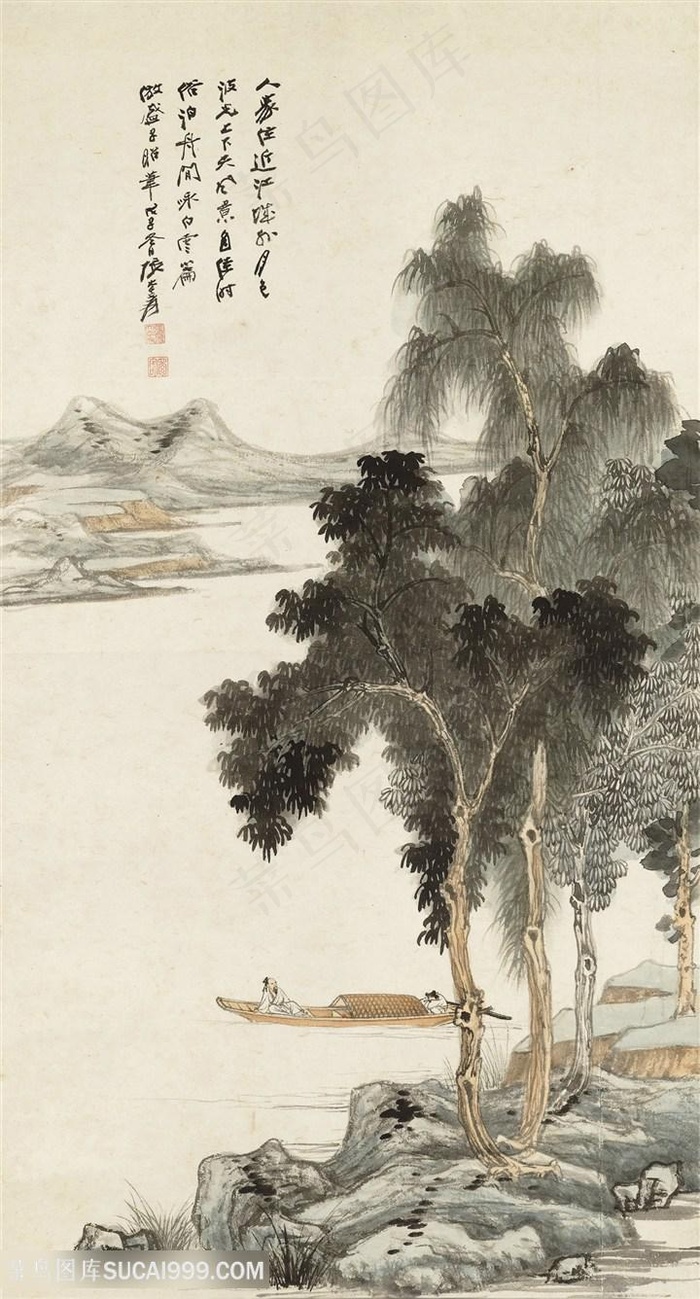 张大千湖畔风光人物泛舟国画图片