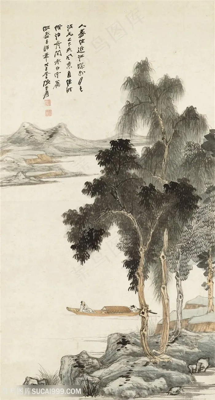 张大千湖畔风光人物泛舟国画图片
