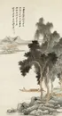 张大千湖畔风光人物泛舟国画图片