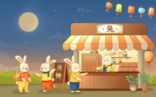 卡通中秋节月饼兔子商店插画 卡通中秋节月饼兔子商店插画