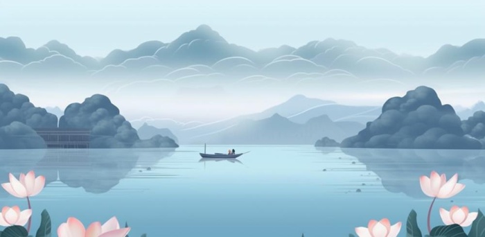 山水画湖泊花背景(1200x587)
