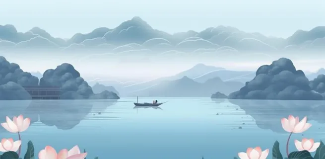 山水画湖泊花背景