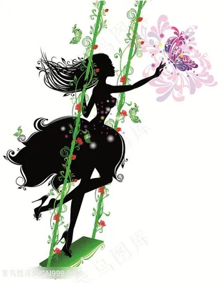 秋千美女蝴蝶水彩画