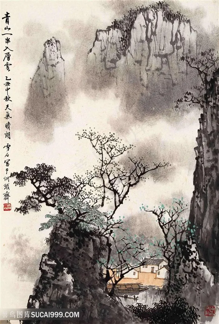 白雪石水墨巍峨山脉高清装饰画