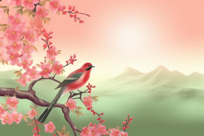 清新黄绿花枝小鸟阳光背景