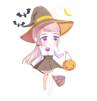 万圣节节日卡通素材拎南瓜灯的小女孩