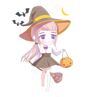 万圣节节日卡通素材拎南瓜灯的小女孩