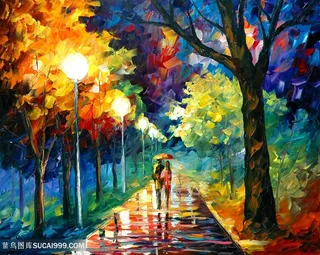 街道行人大树水彩美景插画装饰画