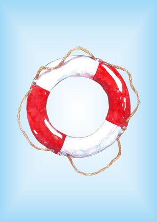 海边红白救生圈水彩画