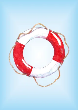 海边红白救生圈水彩画