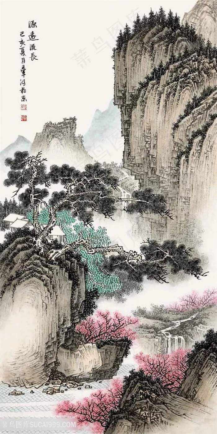 王军河传统山水作品《源远流长》古松树河流
